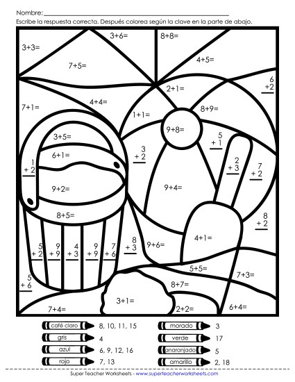 Imagen Misteriosa de Suma: Playa Gratis Worksheet