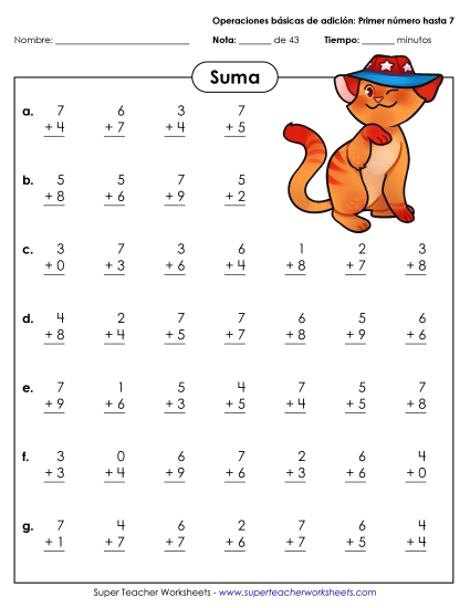 Sumas Básicas (Números del 0 al 7) Gratis Worksheet