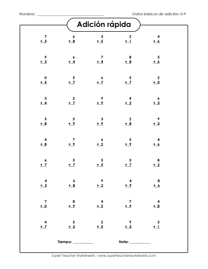 Suma Rápida: Números del 0 al 9 Gratis Worksheet