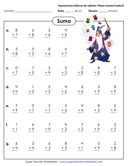 Sumas Básicas  (Números del 0 al 8) Gratis Worksheet