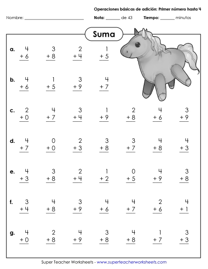 Sumas Básicas  (Números del 0 al 4) Gratis Worksheet