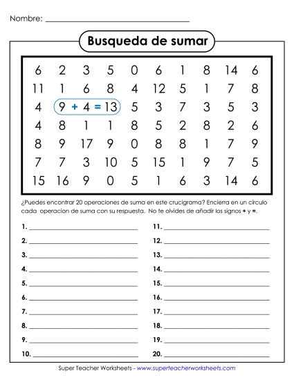 Sopa de números con sumas ocultas Gratis Worksheet