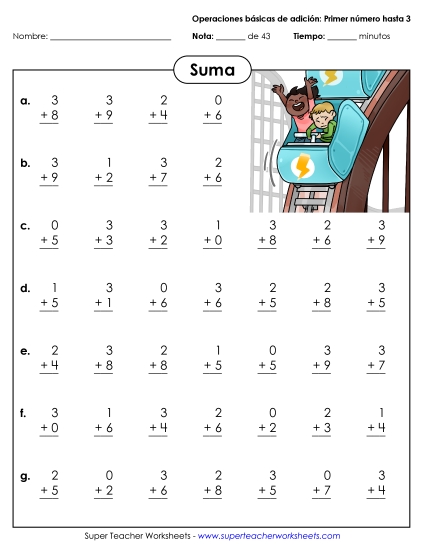 Sumas Básicas  (Números del 0 al 3) Gratis Worksheet