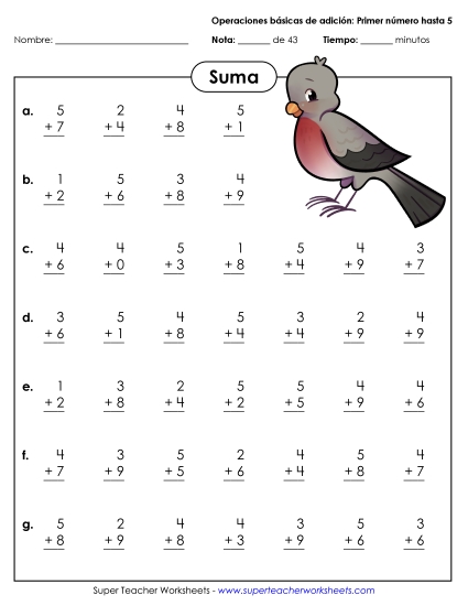 Sumas Básicas (Números del 0 al 5) Gratis Worksheet