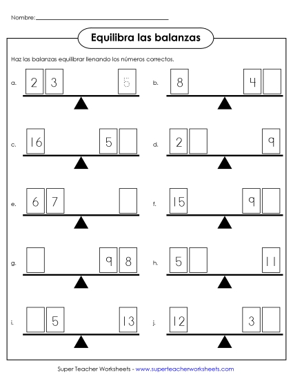 Balanzas de equilibrio con sumas Gratis Worksheet