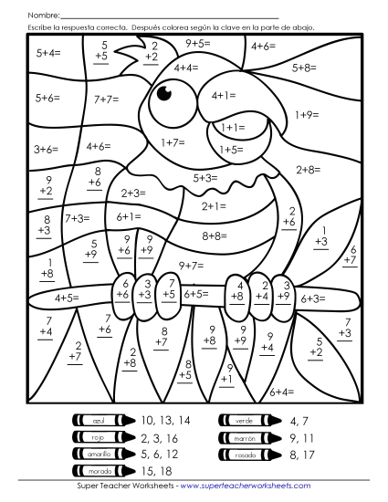 Imagen Misteriosa de Suma: Loro Gratis Worksheet