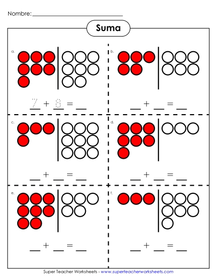 Adición - Imágenes de Contadores (Sumas menores de 20) Gratis Worksheet