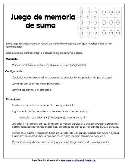 Juego de Memoria de Sumas Gratis Worksheet