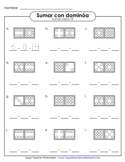 Suma con Dominó (Números hasta 18) Gratis Worksheet