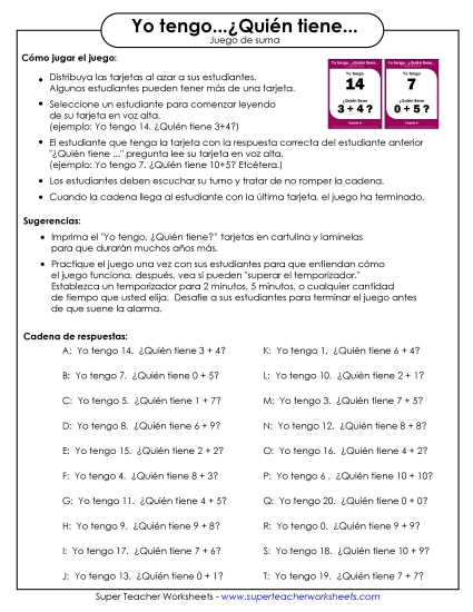 Juego de Suma: Yo Tengo / Quién Tiene Gratis Worksheet