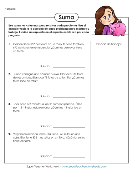 Suma (3 dígitos) Gratis Worksheet