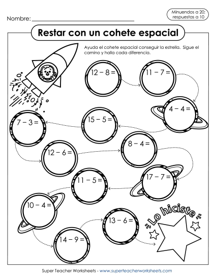 Resta con Cohete (Minuendos hasta 20, Respuestas hasta 10) Gratis Worksheet