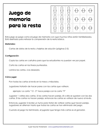 Juego de Correspondencia de Resta (Operaciones básicas que no pasen de 10) Gratis Worksheet