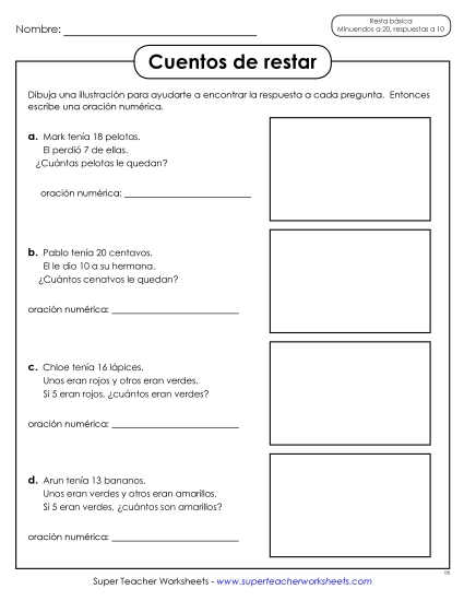Historias de Resta Gratis Worksheet