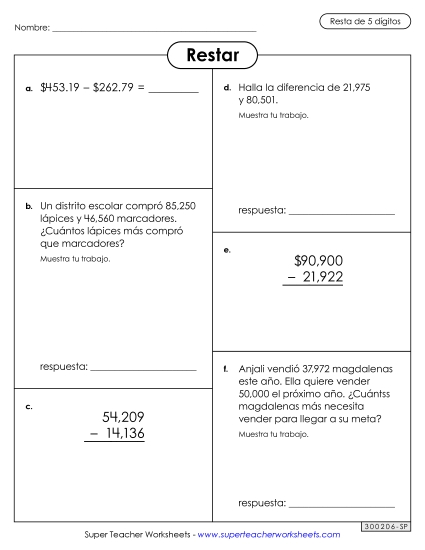 Hoja de tareas surtida (Resta de 5 dígitos) Gratis Worksheet