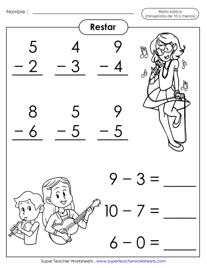 Operaciones básicas de resta: Música (Minuendos de 10 o menos) Gratis Worksheet