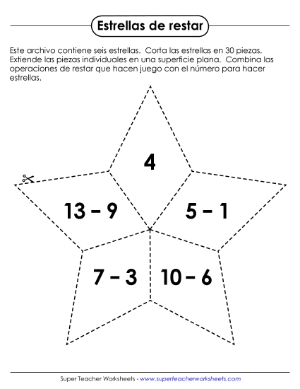 Rompecabezas de Estrellas de Resta (Minuendos hasta 20) Gratis Worksheet
