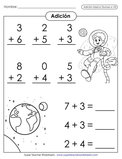 Operaciones básicas de suma: Astronauta (Sumandos hasta 10; Sumas hasta 10) Gratis Worksheet
