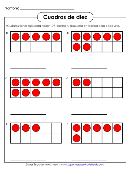 Marcos de Diez: ¿Cuántas fichas más? Gratis Cuadros De Diez Worksheet