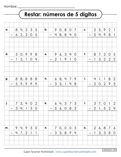 Resta en Papel Cuadriculado (5 Dígitos) Gratis Worksheet