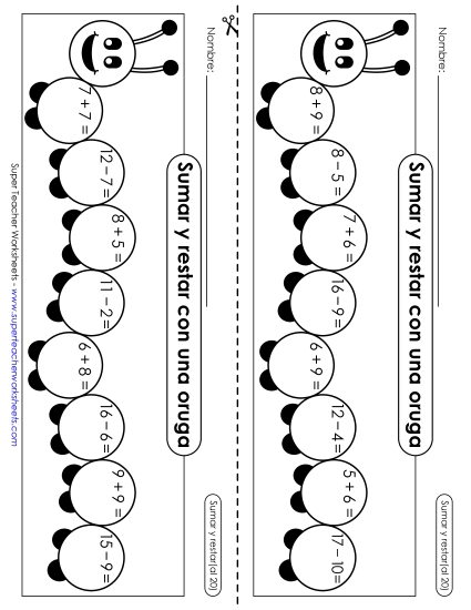 Oruga: Suma y Resta (Hasta 20) Gratis Suma Y Resta Mixtas Worksheet