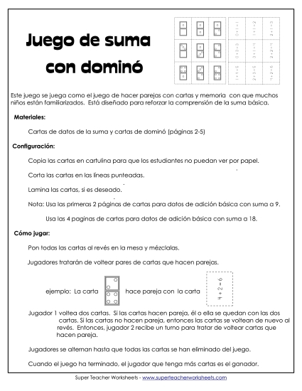 Juego de emparejamiento con sumas usando el Dominó Gratis Worksheet