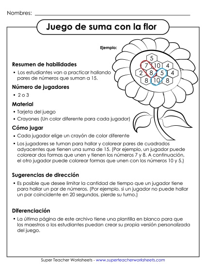 Juego de Suma de Flor Gratis Juego De Sumas Worksheet