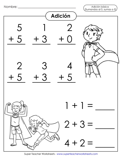 Operaciones básicas de suma: Superhéroes (Sumandos hasta 5; Sumas hasta 5) Gratis Worksheet