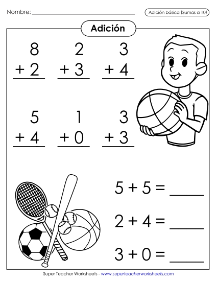 Operaciones básicas de suma: Deportes (Sumandos hasta 10; Sumas hasta 10) Gratis Worksheet