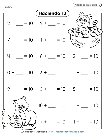 Ejercicio de Sumando Faltante: Gatos Gratis Worksheet