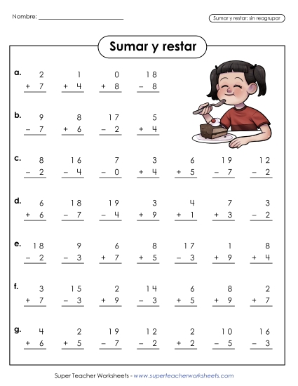 Suma y Resta: 0-20 Gratis Suma Y Resta Mixtas Worksheet