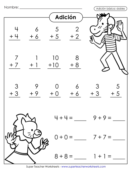Hoja de Ejercicios de Dobles: Niños Animales Gratis Suma Worksheet