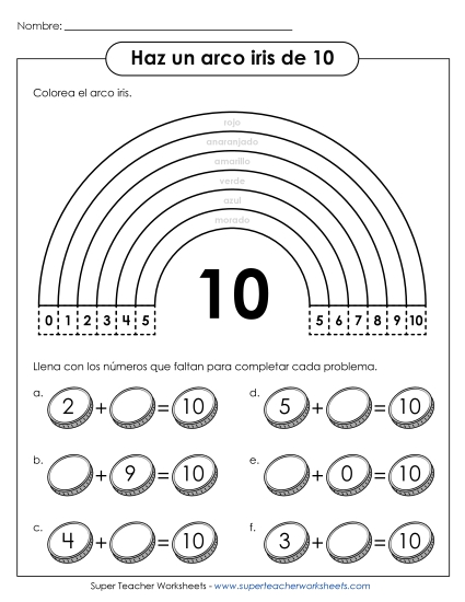 Sumas que dan 10 -  Hoja de trabajo con arcoíris Gratis Worksheet