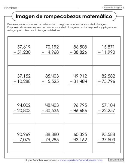 Resta de 5 dígitos: Rompecabezas con imagen de astronauta Gratis Worksheet