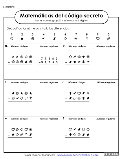 Matemáticas de código secreto: Resta de 5 cifras con préstamo Gratis Worksheet