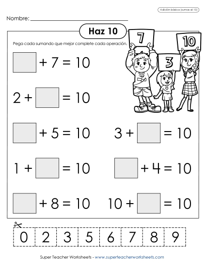 Sumandos para cortar y pegar: sumas que dan 10 Gratis Worksheet