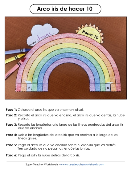 Manualidades de arcoíris con sumas que dan 10 Gratis Worksheet