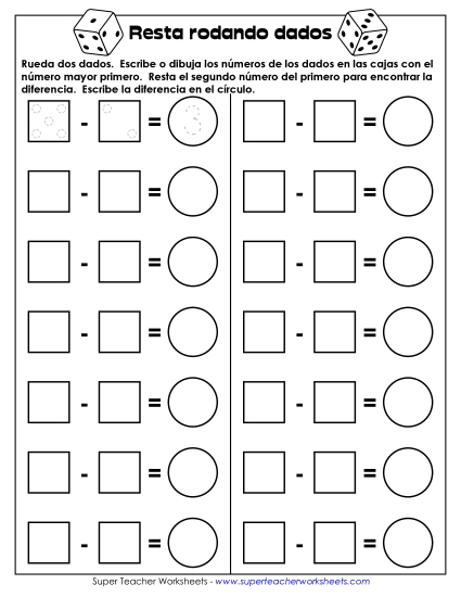 Juego de Dados de Resta (1 Jugador) Gratis Worksheet