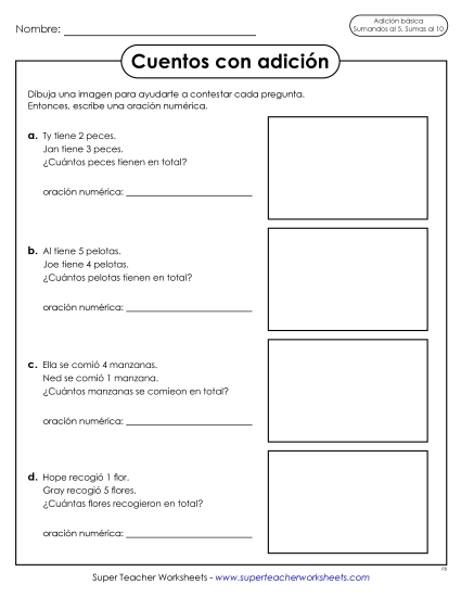 Historias de Suma - Problemas con Sumas hasta 10 Gratis Worksheet