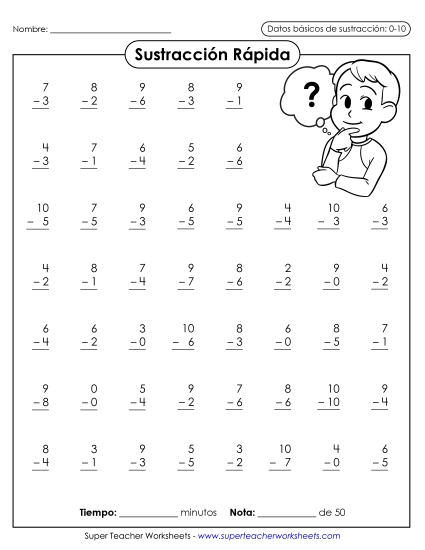 Resta Rápida 0-10 (Versión 1) Gratis Worksheet