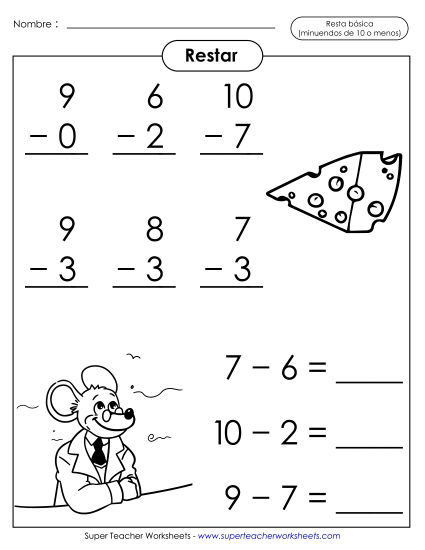Operaciones básicas de resta: Ratón (Minuendos de 10 o menos) Gratis Worksheet