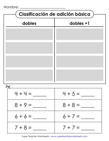 Dobles y Dobles +1: Clasificación Gratis Suma Worksheet