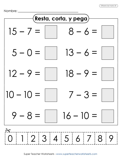 Restar, Cortar, Pegar Gratis Worksheet