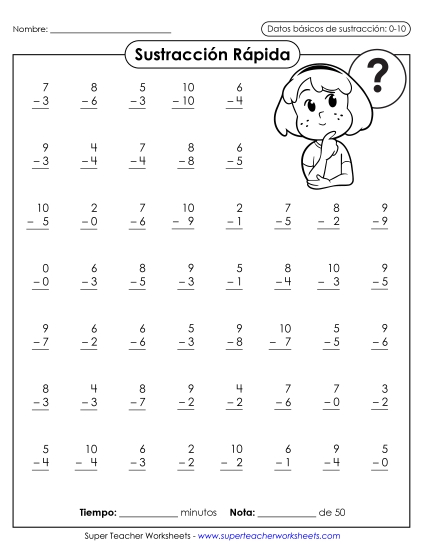 Resta Rápida 0-10 (Versión 2) Gratis Worksheet