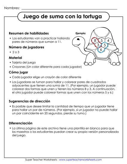 Juego de Suma de Tortuga Gratis Juego De Sumas Worksheet