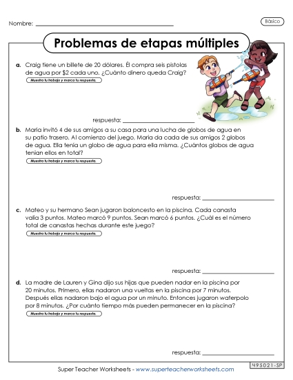 Múltiples Pasos: Básico #1 Gratis Problemas De Varios Pasos Worksheet
