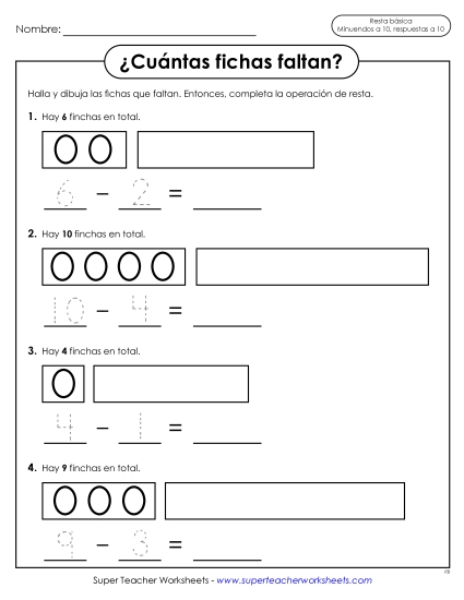 ¿Cuántas fichas faltan? Gratis Resta Worksheet