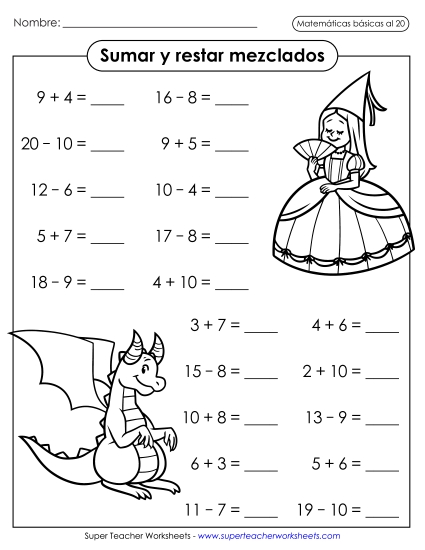 Suma y Resta: Cuentos de Hadas (Horizontal) Gratis Suma Y Resta Mixtas Worksheet