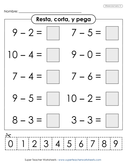 Resta, Corta, Pega (Diferencias hasta 10) Gratis Worksheet