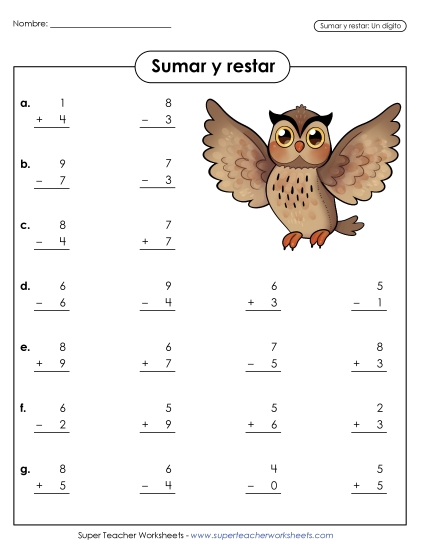 Suma y Resta: De un solo dígito Gratis Suma Y Resta Mixtas Worksheet